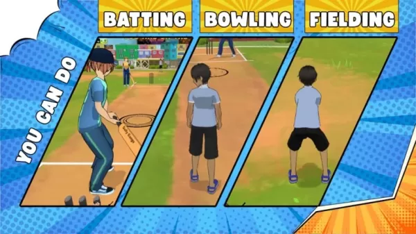 A screenshot of gameplay in gully gang street cricket showing batting, bowling and fielding in action